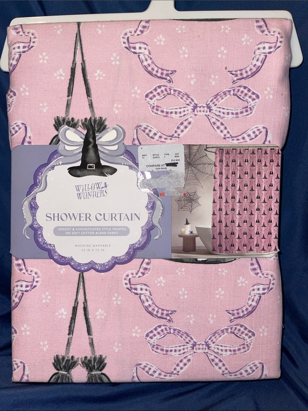 Willow & Wonders Pink Halloween Themed Shower Curtain with Brooms & Bows